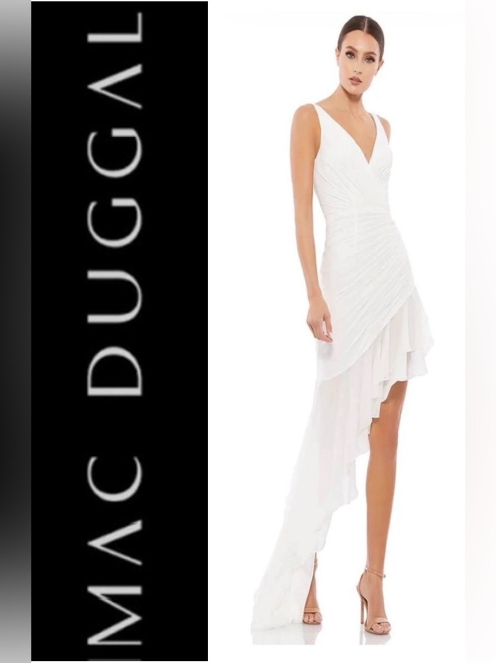 Mac Duggal Asymmetrical Ruffled V-Neck Chiffon Dress White | NWT | Size 6